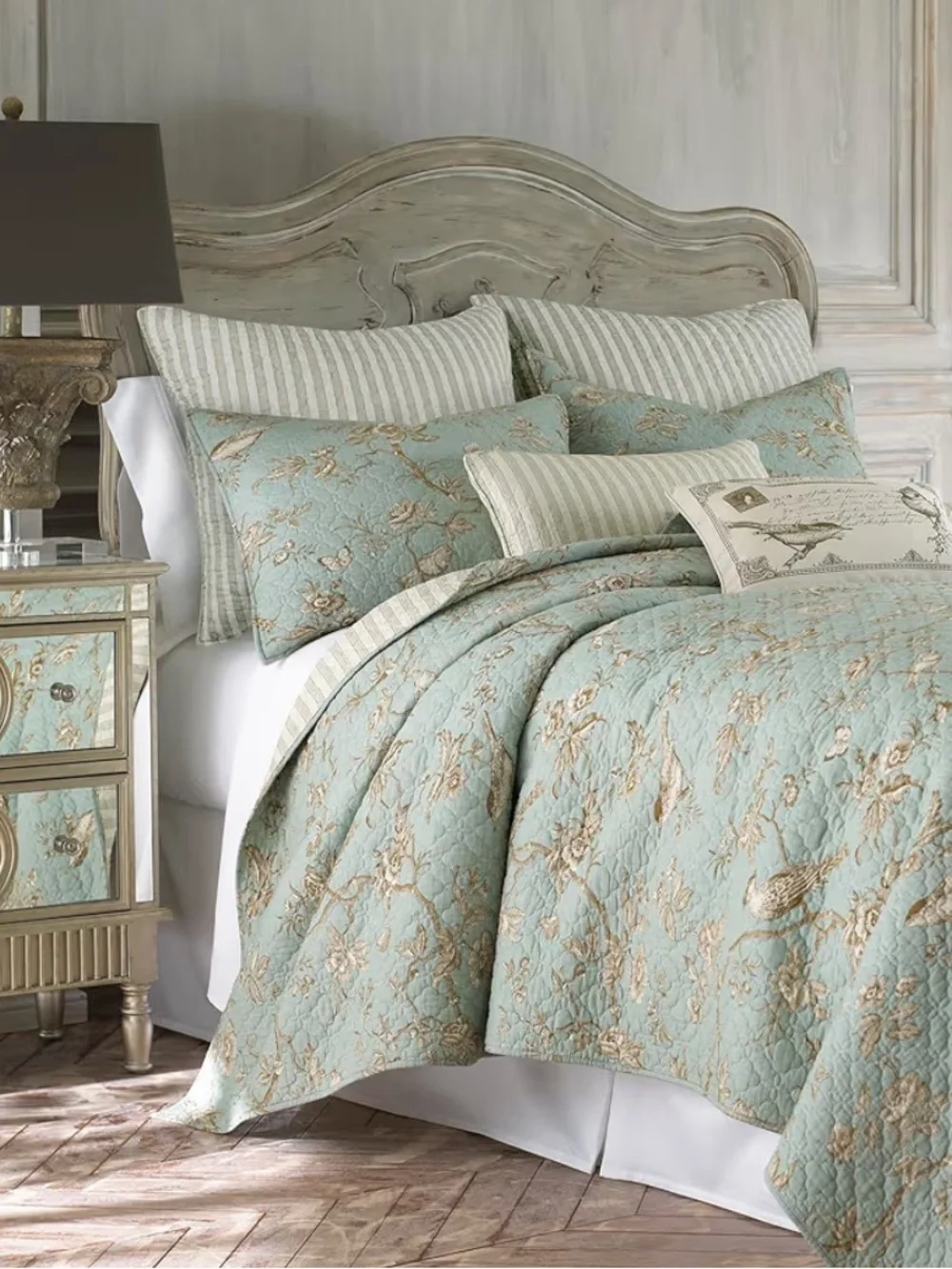 🆕 PB Style Reversible Quilt Set Brown Stripes Sage Floral Bird Toile Coverlet